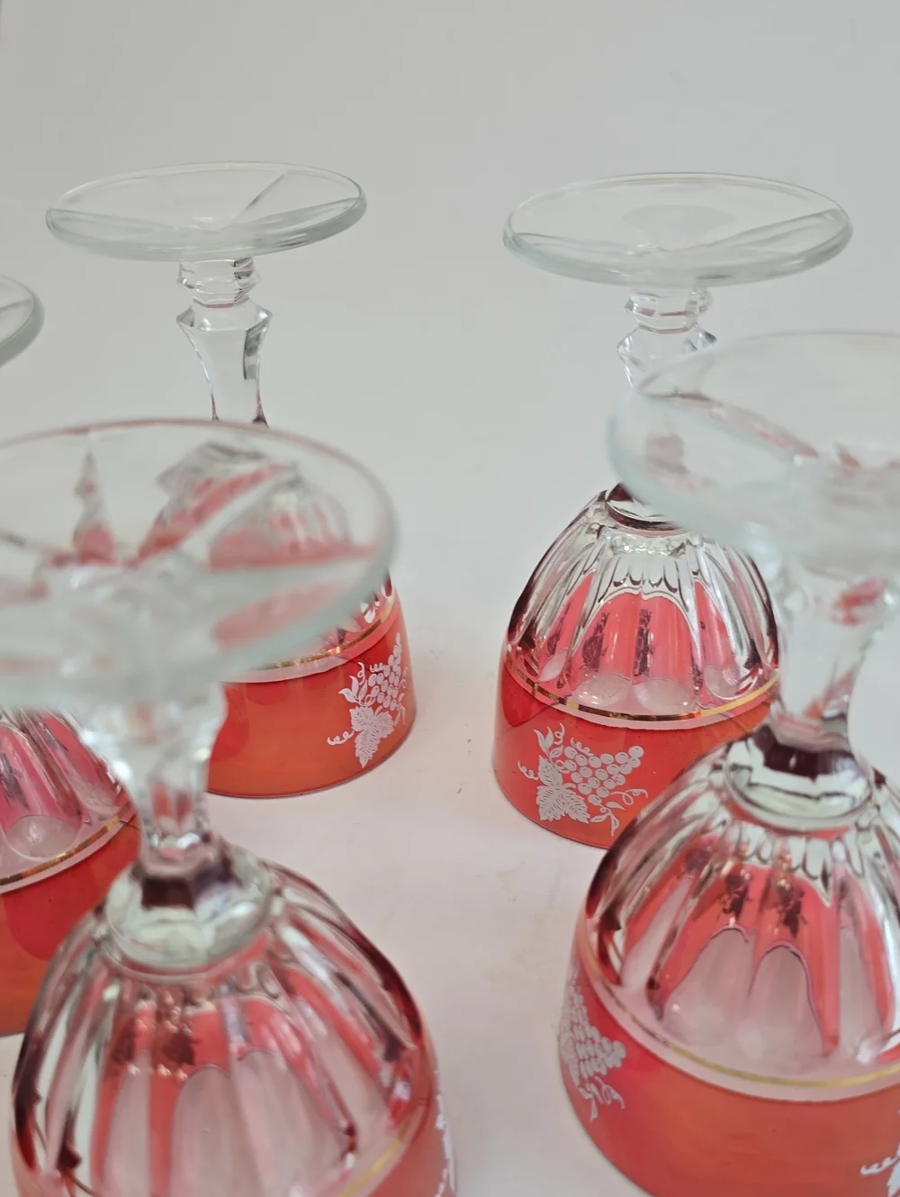 Vintage Lubiana Set Of 5 Italian Cranberry Wine Glasses Etched Grape Design